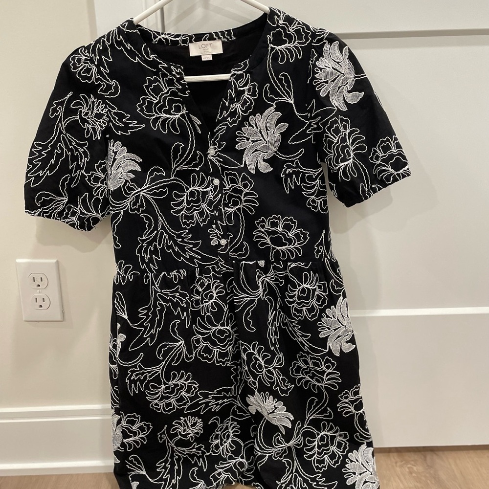 LOFT Black Mini Dress with White Floral Outline